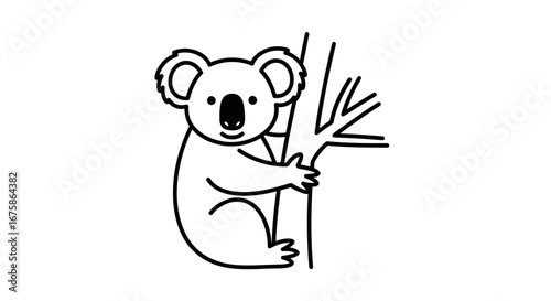 A simple black and white line drawing of a cute cartoon koala clinging to a tree branch.