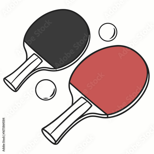 Two ping pong balls, also drawn with black outlines, are positioned near the rackets. The image has a clean, minimalist style.