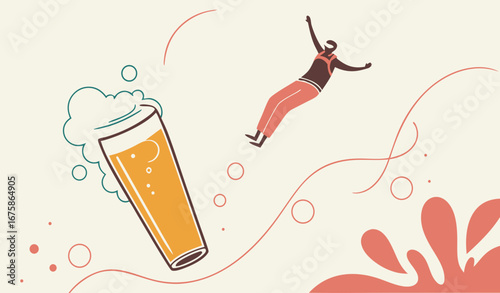 Minimalist collage art. a mini Diver mid-air above foamy beer glass with surreal energy. Concept of beverage marketing, nightlife advertising, travel lifestyle promotion, and creative branding.