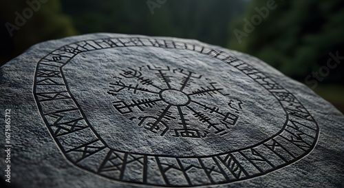 Gray Stone Tablet with Intricate Etching on Blurred Green Background