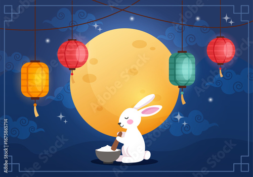 Horizontal vector background for Mid-Autumn or Chuseok festival. Traditional Asian celebration with moon, lanterns and rabbit making rice.