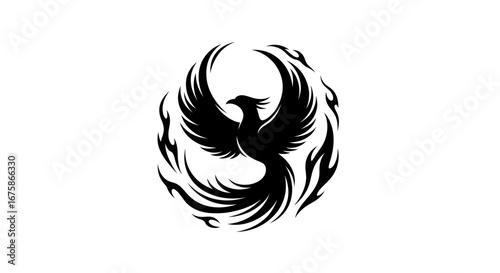 Elegant Black Phoenix Bird Symbol with Fiery Flames.