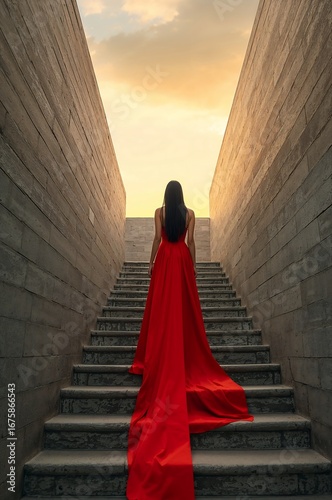 Woman in red gown ascends stone staircase towards a sunset.
