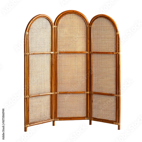 A wooden and cane room divider with arched panels.