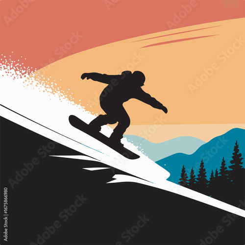 Snowboarder Silhouette in Action Winter Sport Adventure on Mountain Slope Vector Graphic