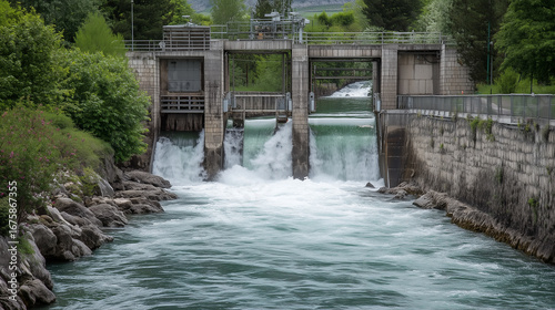 Small Hydroelectric Dam with Flowing Water in a River Surrounded by Lush Green Vegetation and Concrete Structures
