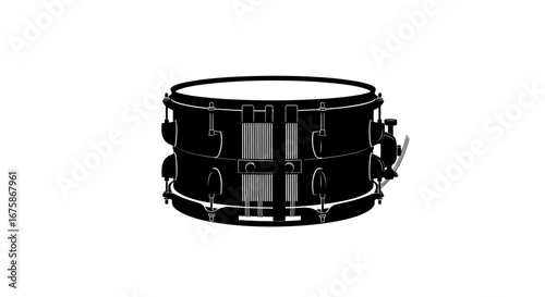 Detailed black and white illustration of a classic snare drum, a percussion instrument.