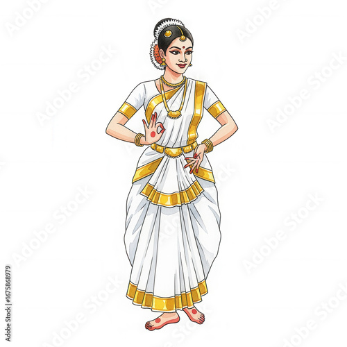 A female Mohiniyattam dancer in a traditional white and gold saree, performing a classical Indian dance pose.