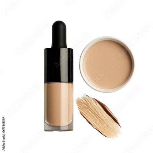 A bottle of foundation with a brush applicator and a small container of foundation powder.