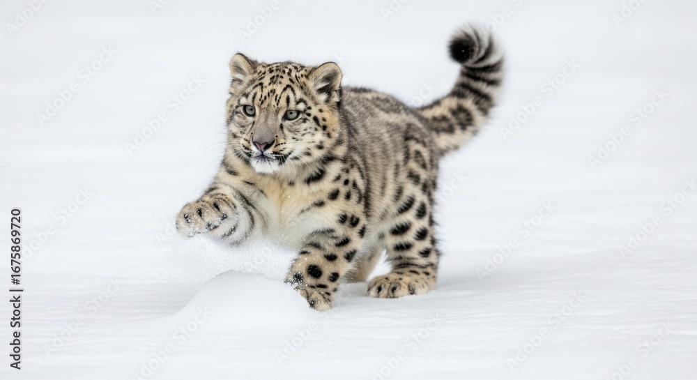 Obraz premium A playful snow leopard cub is running in the snow with its tail up in the air
