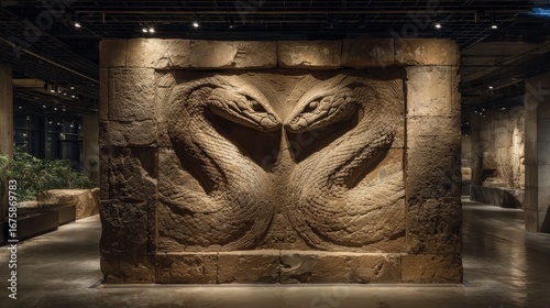 Paleontological discovery of a rare two-headed serpent fossil emerging from rock formation.