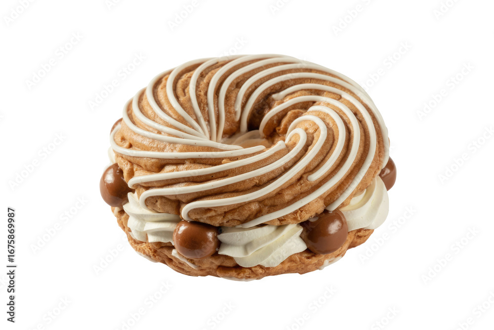 Fototapeta premium Cream puff pastry ring with swirls of white icing, filled with whipped cream and chocolate balls. background removed