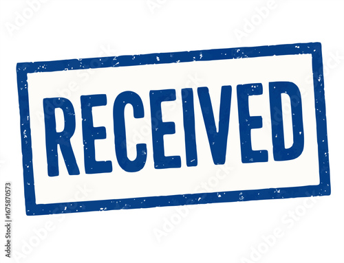 "Blue RECEIVED rubber stamp on white paper, close-up. Concept of document confirmation, delivery, and administrative processing."