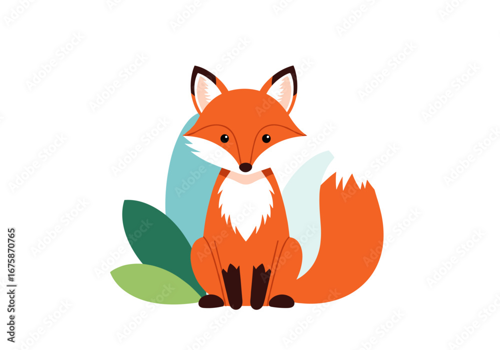 Obraz premium Adorable cartoon fox sitting in front of leaves, perfect for children's books or designs