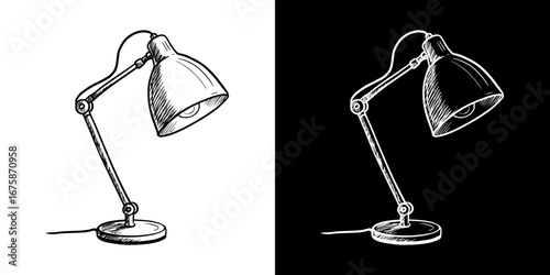 Desk lamp in pencil drawing style with monochrome options, two design options on transparent and black backgrounds, chalk drawing
