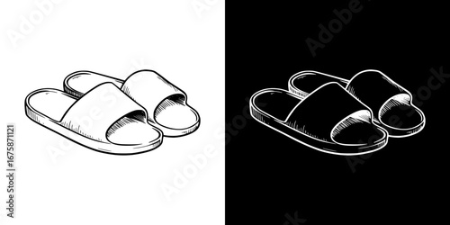 Monochrome isolated vector image of slide sandals on transparent and black backgrounds, pencil drawing, chalk drawing, house slippers  