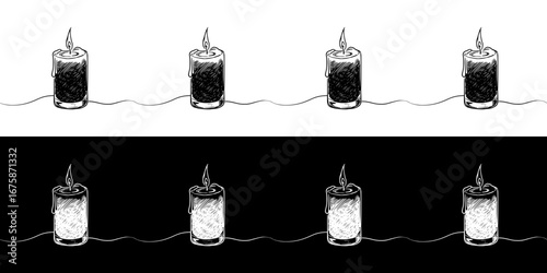 Monochrome isolated vector image of candles on transparent and black backgrounds, pencil drawing, chalk drawing, seamless border  