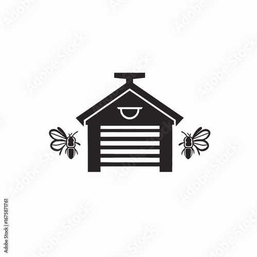 Striking monochrome bee house with insect vector illustration, a sleek silhouette