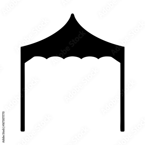 Stylized black tent icon with scalloped valance and peaked roof design