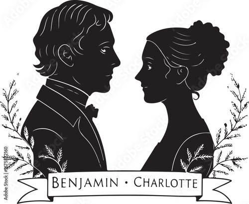 Vintage Silhouette Couple Benjamin and Charlotte with Laurel Branches