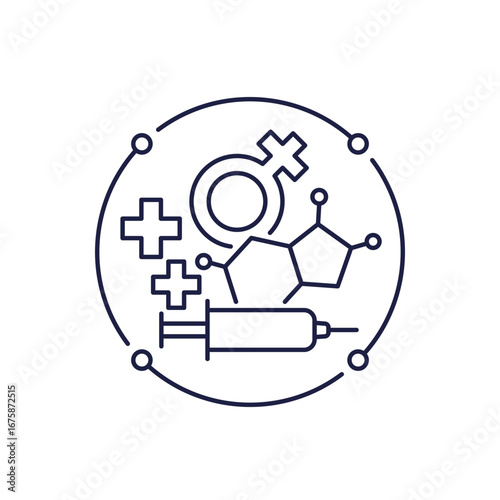 Estrogen therapy icon in line design with molecule and syringe