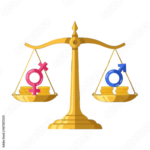 Equal pay balance scale vector illustration with male and female symbols and coins