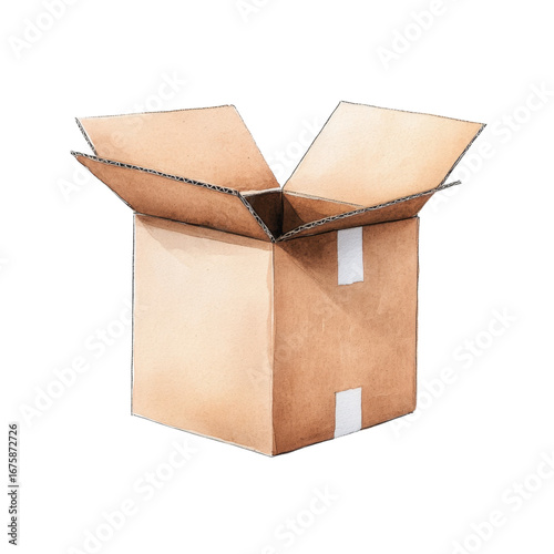 Open cardboard box, brown packaging, empty, paper texture, isolated, realistic, watercolor style
