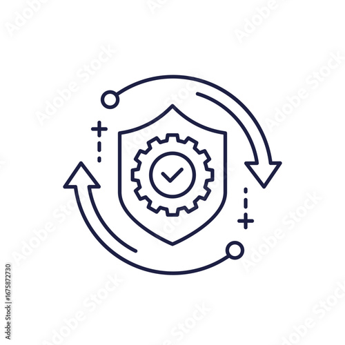 safe implementation line icon with shield, secure operation vector