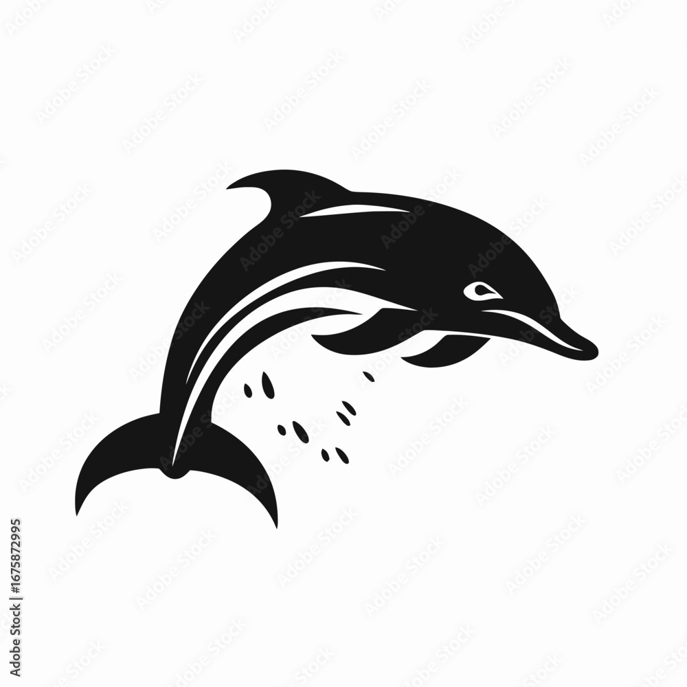 Fototapeta premium Dynamic playful dolphin leaping out of water in minimalist black silhouette