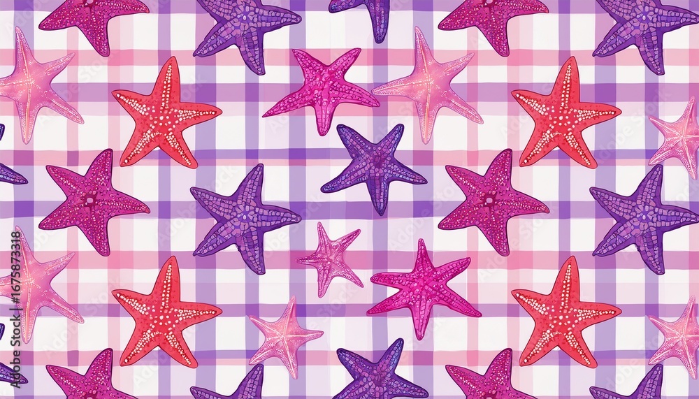 seamless starfish pattern on checkered background in watercolor style pink and purple aquatic design with brush texture perfect for summer textile fabric or wallpaper and marine decoration seamless starfish pattern on checkered background in watercolor style pink and purple aquatic design with brush texture perfect for summer textile fabric or wallpaper and marine decoration