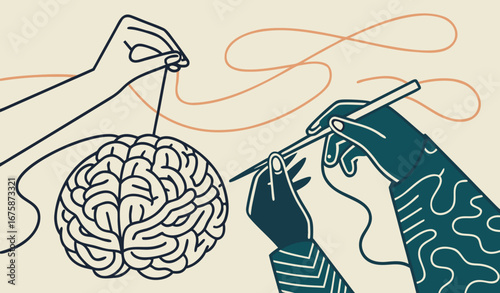 Contemporary art collage. Human hands knitting brain. Growing psychological and emotional stability. Abstract design. Concept of psychology, inner world, mental health, feelings. Conceptual art 