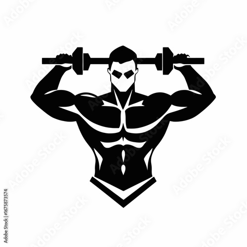 Powerful man lifting dumbbell weight during fitness training routine silhouette