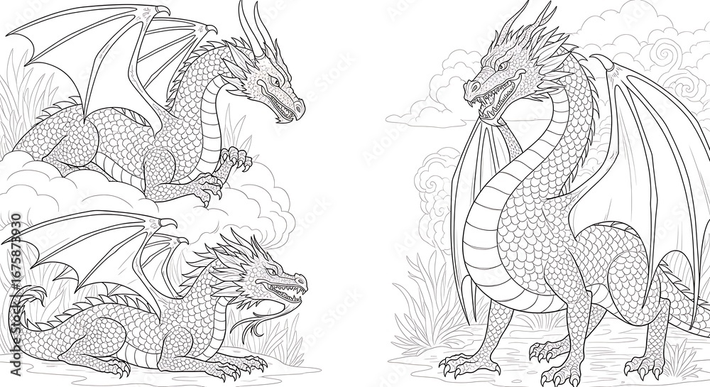 Fototapeta premium Fantasy Dragon Line Art Coloring Pages.