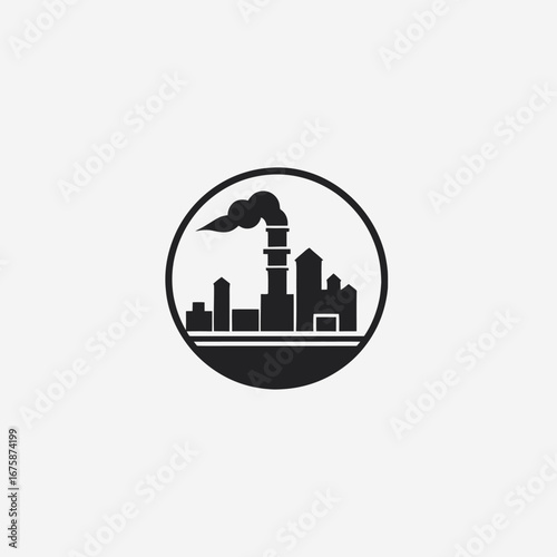 Industrial landscape polluting factory inside circle urban city skyline silhouette