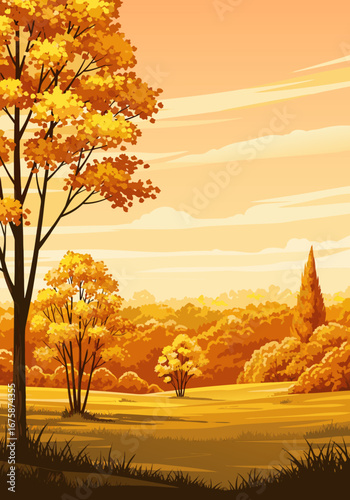 Vibrant fall landscape background with golden trees and warm sunset sky, perfect for seasonal designs