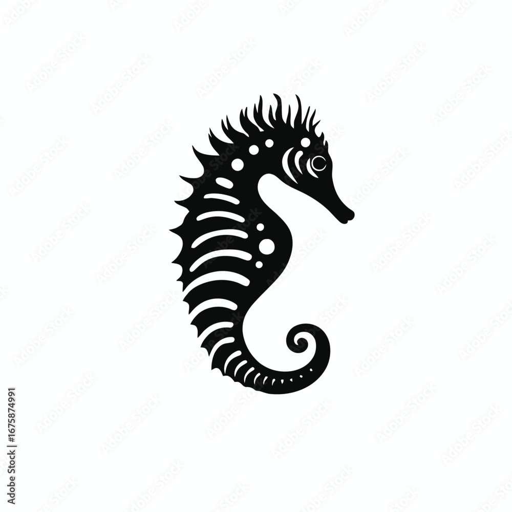 Fototapeta premium Stylized black seahorse with ornate design on white background silhouette