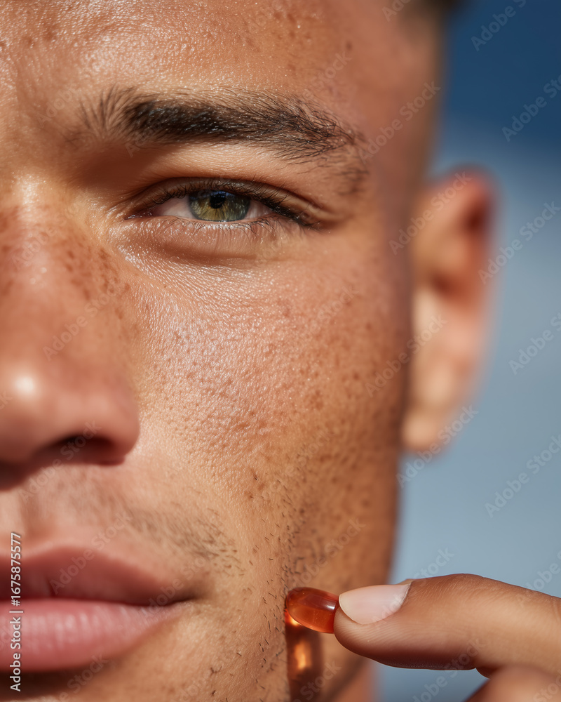 Obraz premium Close-up of a man's face as he holds a red pill against his cheek. Concept of energy, an active day, and male health. 