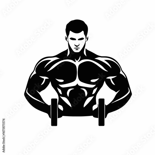 Powerful physique with dumbbells, bodybuilder training hard artistic vector silhouette