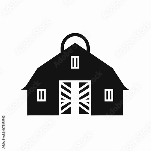 Rustic country barn with opened doors, classic vector design silhouette