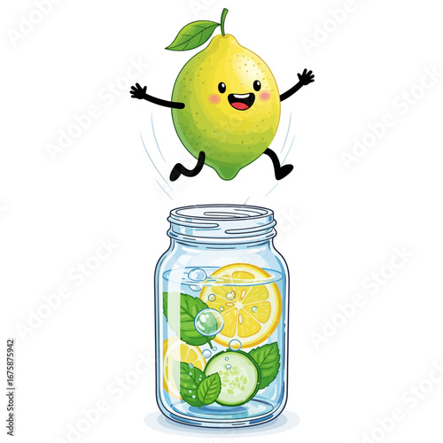 Cartoon lemon character jumping into detox jar with infused water, cucumber, and mint