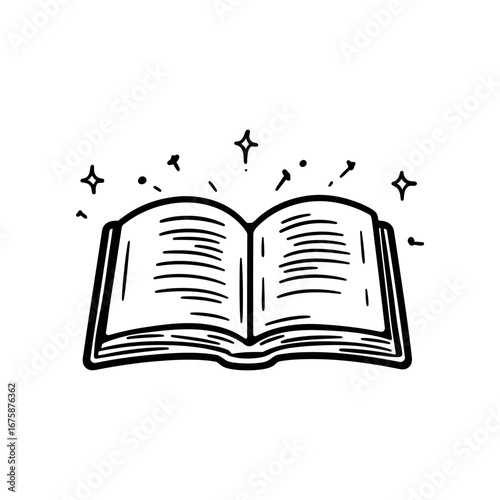 Open book with shining stars and sparkles floating above the pages in a black and white illustration