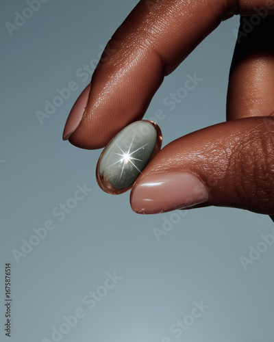 Close-up of a woman’s fingers holding a vitamin pill. Vitamins for skin and rejuvenation.