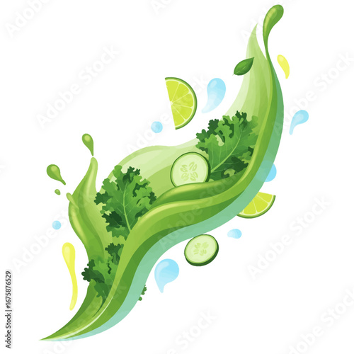 Green detox juice splash vector with fresh fruit slices
