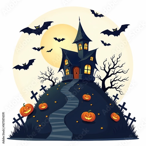 Spooky Haunted House Halloween Scene with Pumpkins Bats Bare Trees and Full Moon
