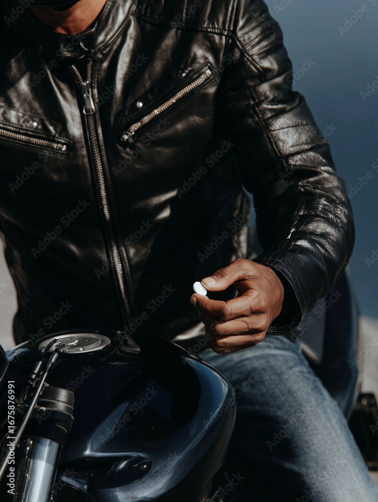 Fototapeta premium A man sits on a bike, holding a white pill in his hand. Concept of men’s health and strength. 