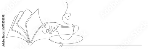 Continuous line drawing of a cup of latte coffee with book vector illustration 1