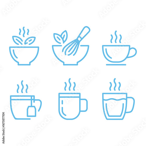 Collection of blue line art icons for hot beverages and herbal ingredients