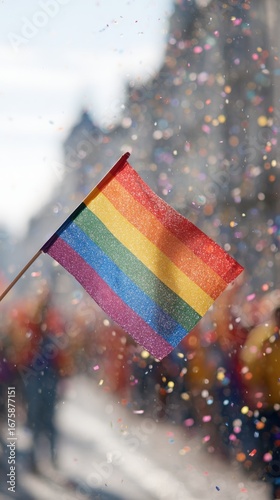 Rainbow Flag Waving Amidst Colorful Confetti At A Pride Parade. Celebration Of Lgbtq Rights And Diversity