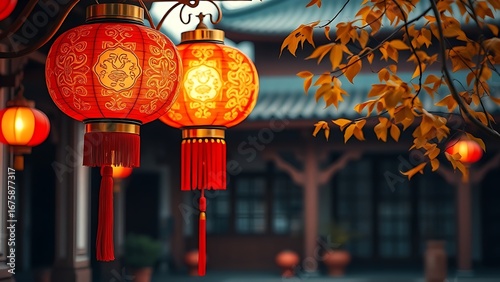 Vibrant red lantern with gold patterns glowing in a traditional courtyard, celebrating China National Day.