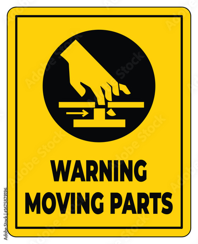 Caution Sign for Moving Parts with Hand Illustration on Bright Yellow Background